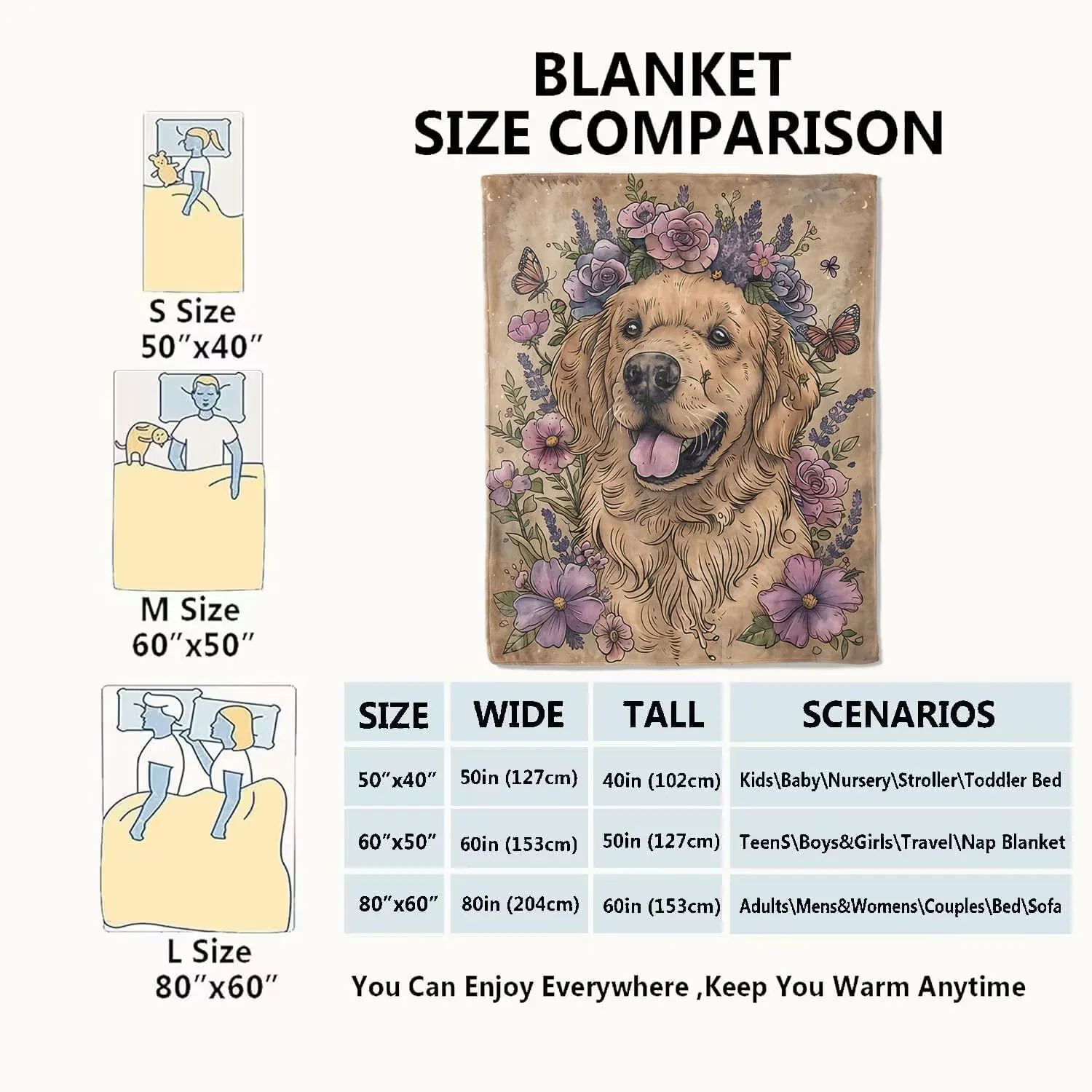 Golden Retriever Blanket Cute Dog Retro Throw Blankets,Birthday Gifts for Kids Adult & Pet Lovers,Lightweight Soft Fleece with Flower and Butterfly,for Sofa Couch Bed Room Decor 40x50in