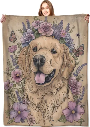 Golden Retriever Blanket Cute Dog Retro Throw Blankets,Birthday Gifts for Kids Adult & Pet Lovers,Lightweight Soft Fleece with Flower and Butterfly,for Sofa Couch Bed Room Decor 40x50in