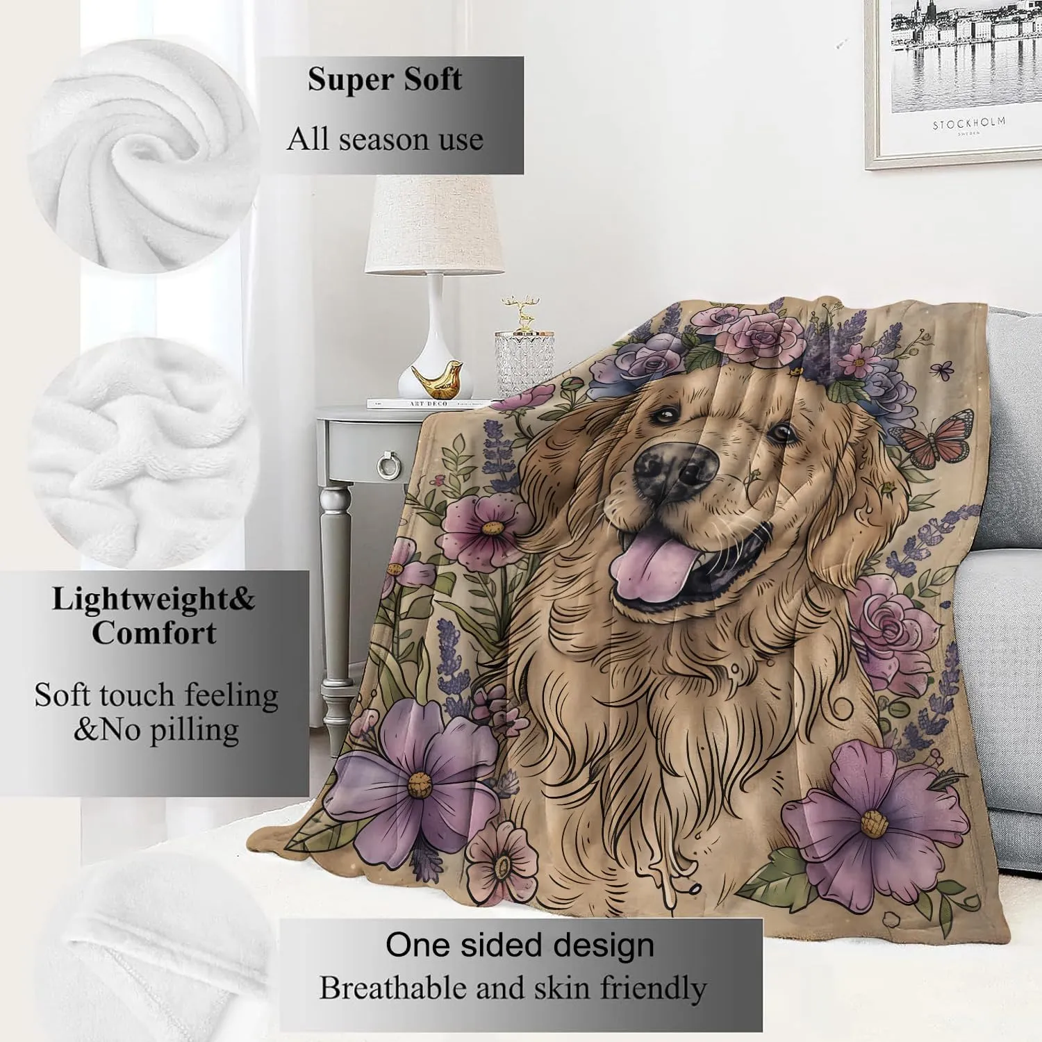 Golden Retriever Blanket Cute Dog Retro Throw Blankets,Birthday Gifts for Kids Adult & Pet Lovers,Lightweight Soft Fleece with Flower and Butterfly,for Sofa Couch Bed Room Decor 40x50in