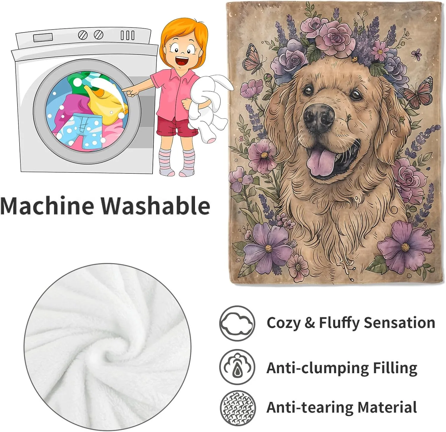 Golden Retriever Blanket Cute Dog Retro Throw Blankets,Birthday Gifts for Kids Adult & Pet Lovers,Lightweight Soft Fleece with Flower and Butterfly,for Sofa Couch Bed Room Decor 40x50in