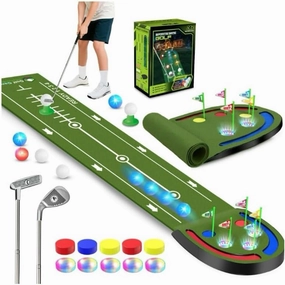 Golf Putting Mat with Light up Holes, Glowing Balls, Practice Putting Green with 2 Clubs, Toy Golf Set,Golfing Practice Mats,Training Mat Indoor Outdoor,Sport Game for Kids Adults Family