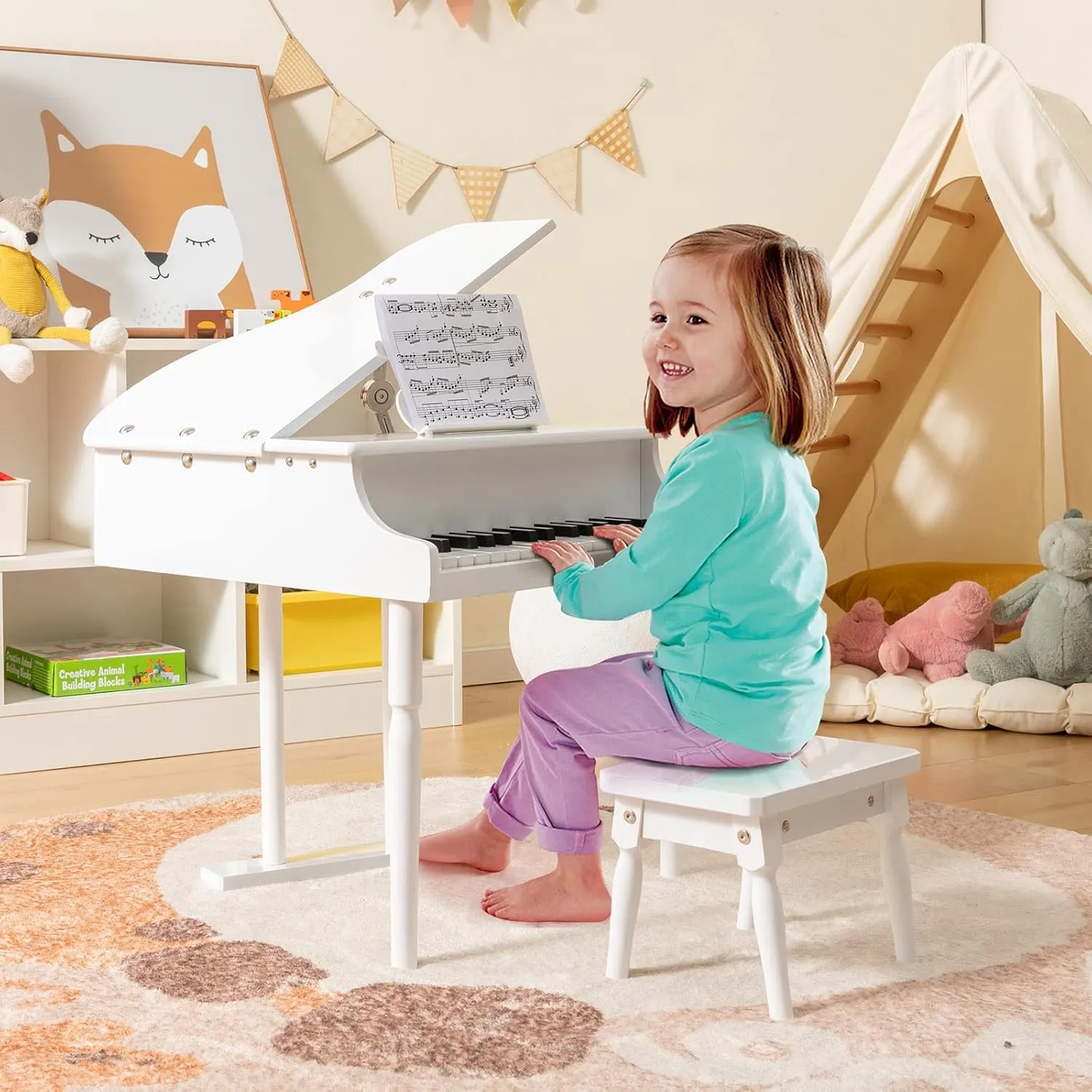 Goplus 30-Key Classical Kids Piano, Mini Grand Piano Wooden Learn-to-Play Musical Instrument Toy with Bench, Piano Lid, Music Rack, Gift for Boys Girls Aged 2  Baby Toddler(3 Straight Leg-White)