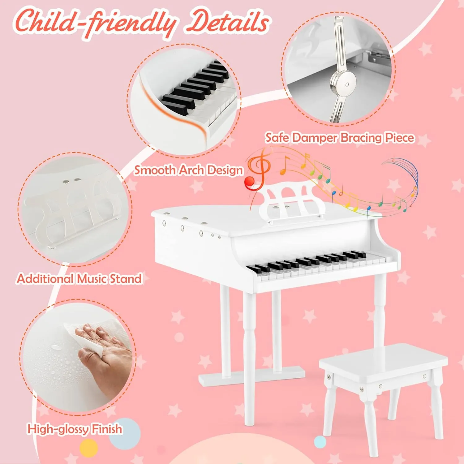 Goplus 30-Key Classical Kids Piano, Mini Grand Piano Wooden Learn-to-Play Musical Instrument Toy with Bench, Piano Lid, Music Rack, Gift for Boys Girls Aged 2  Baby Toddler(3 Straight Leg-White)