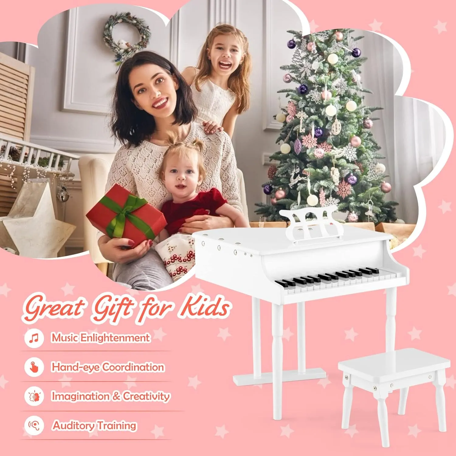 Goplus 30-Key Classical Kids Piano, Mini Grand Piano Wooden Learn-to-Play Musical Instrument Toy with Bench, Piano Lid, Music Rack, Gift for Boys Girls Aged 2  Baby Toddler(3 Straight Leg-White)