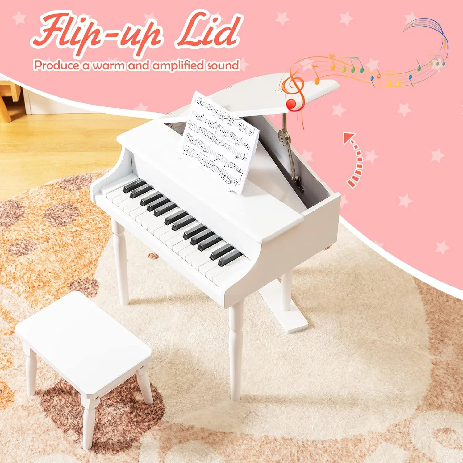 Goplus 30-Key Classical Kids Piano, Mini Grand Piano Wooden Learn-to-Play Musical Instrument Toy with Bench, Piano Lid, Music Rack, Gift for Boys Girls Aged 2  Baby Toddler(3 Straight Leg-White)