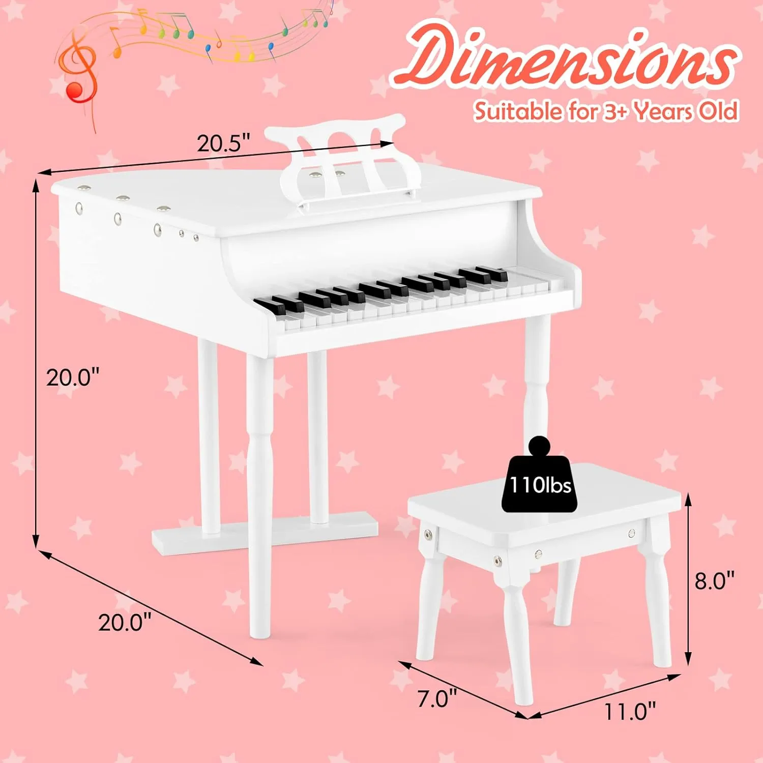 Goplus 30-Key Classical Kids Piano, Mini Grand Piano Wooden Learn-to-Play Musical Instrument Toy with Bench, Piano Lid, Music Rack, Gift for Boys Girls Aged 2  Baby Toddler(3 Straight Leg-White)