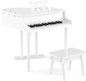 Goplus 30-Key Classical Kids Piano, Mini Grand Piano Wooden Learn-to-Play Musical Instrument Toy with Bench, Piano Lid, Music Rack, Gift for Boys Girls Aged 2  Baby Toddler(3 Straight Leg-White)