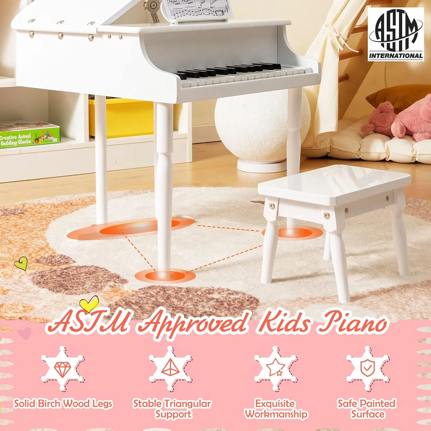 Goplus 30-Key Classical Kids Piano, Mini Grand Piano Wooden Learn-to-Play Musical Instrument Toy with Bench, Piano Lid, Music Rack, Gift for Boys Girls Aged 2  Baby Toddler(3 Straight Leg-White)