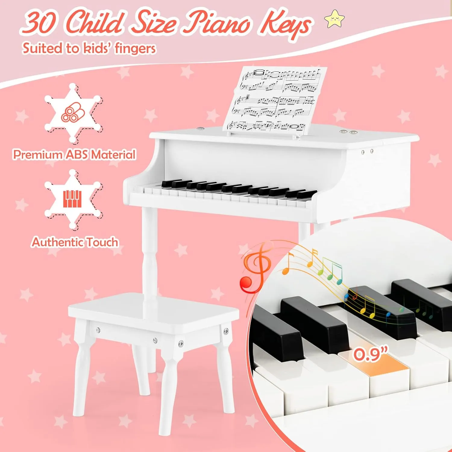 Goplus 30-Key Classical Kids Piano, Mini Grand Piano Wooden Learn-to-Play Musical Instrument Toy with Bench, Piano Lid, Music Rack, Gift for Boys Girls Aged 2  Baby Toddler(3 Straight Leg-White)