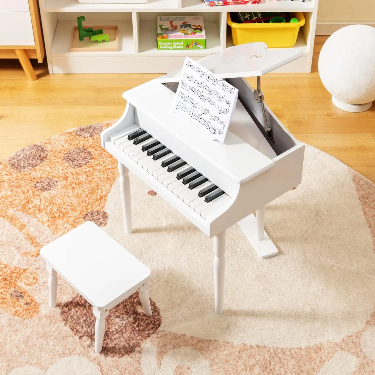 Goplus 30-Key Classical Kids Piano, Mini Grand Piano Wooden Learn-to-Play Musical Instrument Toy with Bench, Piano Lid, Music Rack, Gift for Boys Girls Aged 2  Baby Toddler(3 Straight Leg-White)