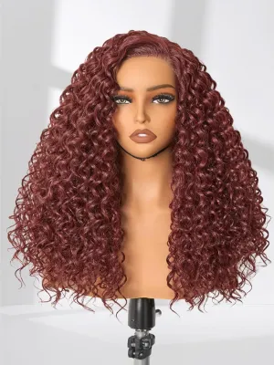 GORGIUS Burgundy Water Wave Lace Front Wigs Glueless Synthetic Curly Wig with Pre Cut Pre Plucked Side Part Hairline 20 Inch