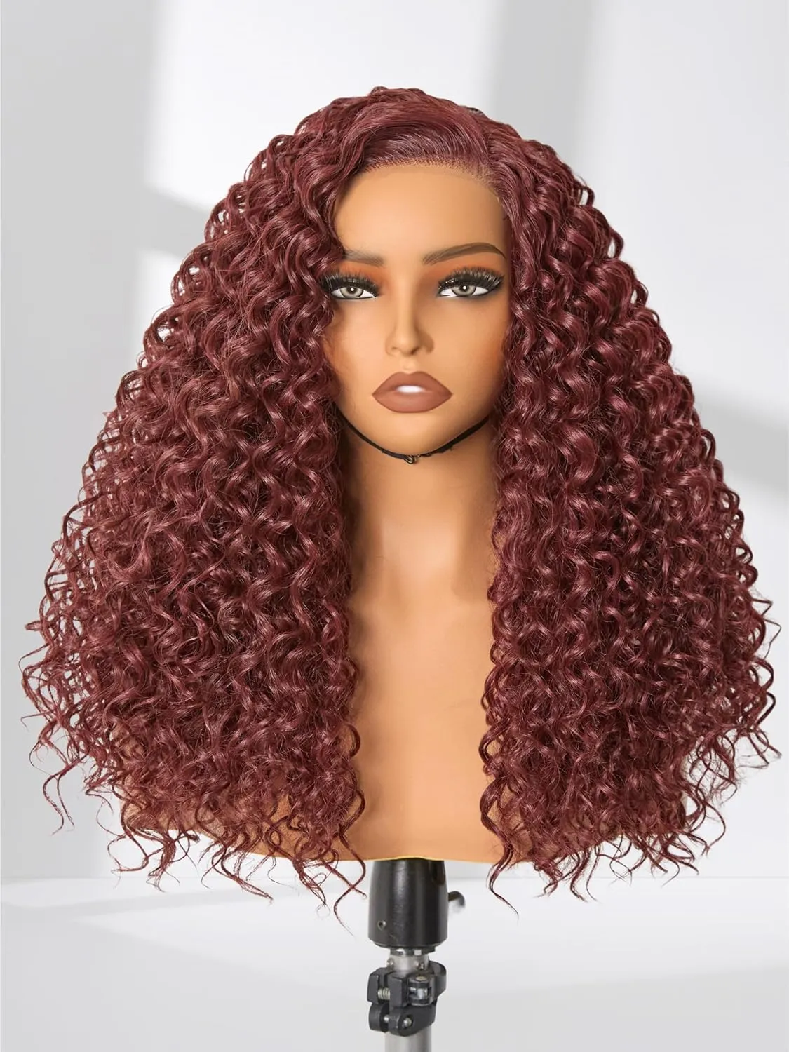 GORGIUS Burgundy Water Wave Lace Front Wigs Glueless Synthetic Curly Wig with Pre Cut Pre Plucked Side Part Hairline 20 Inch
