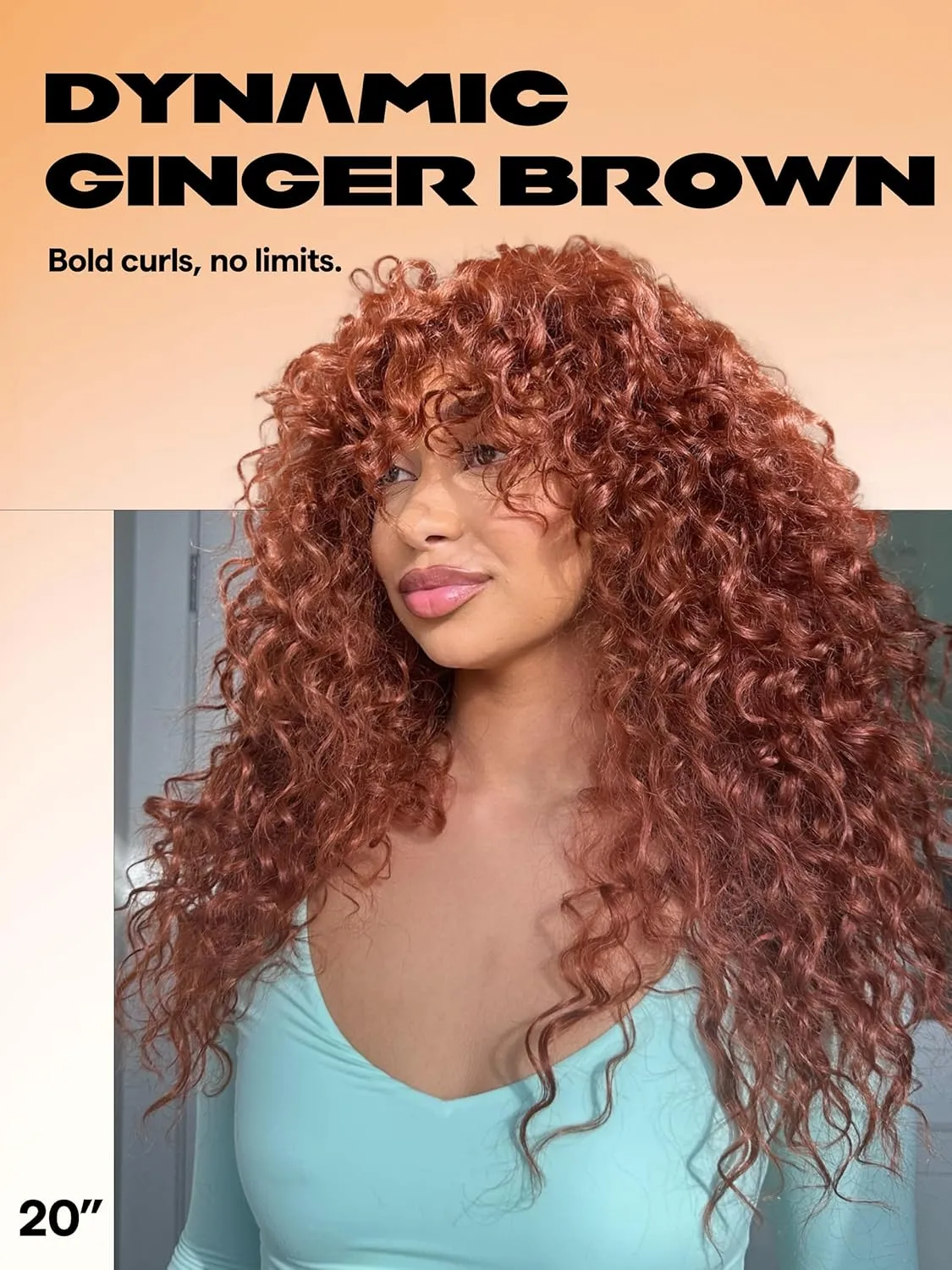 GORGIUS Ginger Curly Wig with Bangs Glueless Synthetic Curtain Bang Wigs with Realistic Scalp Put On ang Go Beginner Friendly 20 Inch