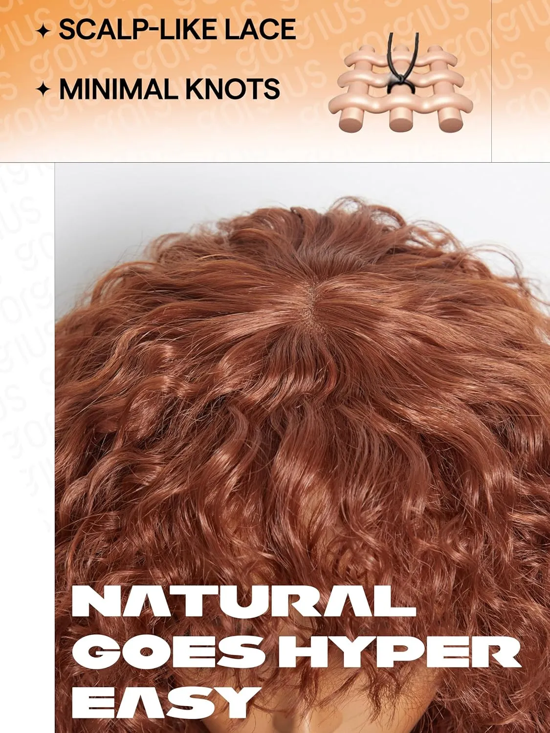 GORGIUS Ginger Curly Wig with Bangs Glueless Synthetic Curtain Bang Wigs with Realistic Scalp Put On ang Go Beginner Friendly 20 Inch