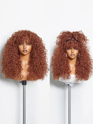 GORGIUS Ginger Curly Wig with Bangs Glueless Synthetic Curtain Bang Wigs with Realistic Scalp Put On ang Go Beginner Friendly 20 Inch