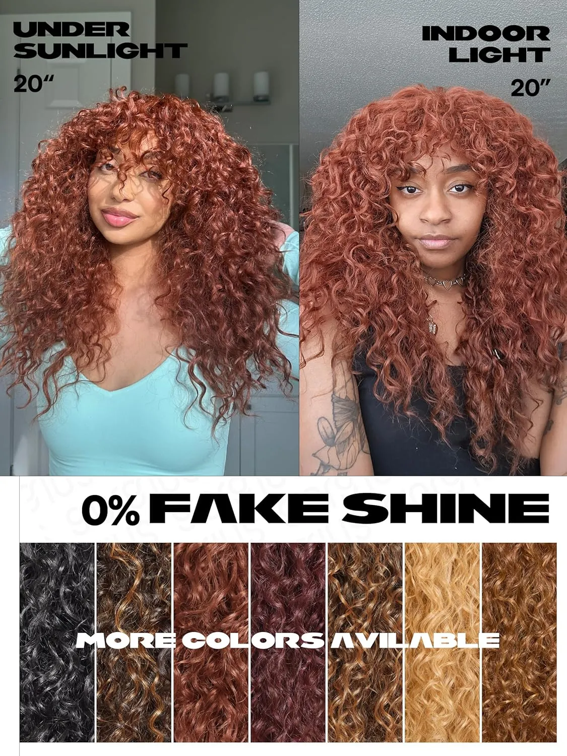 GORGIUS Ginger Curly Wig with Bangs Glueless Synthetic Curtain Bang Wigs with Realistic Scalp Put On ang Go Beginner Friendly 20 Inch