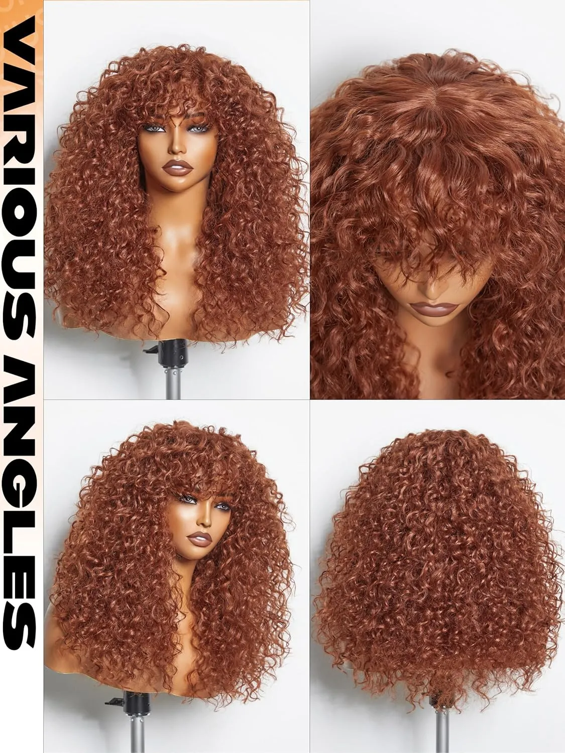 GORGIUS Ginger Curly Wig with Bangs Glueless Synthetic Curtain Bang Wigs with Realistic Scalp Put On ang Go Beginner Friendly 20 Inch