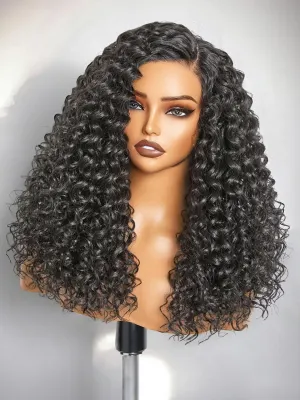 GORGIUS Glueless Water Wave Lace Front Wigs Natural Black Synthetic Curly Wig Pre Cut Pre Plucked Side Parted Hairline 20 Inch