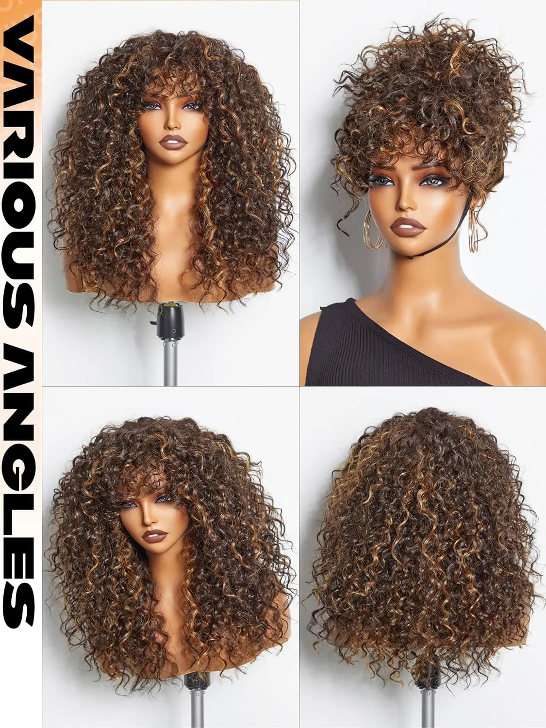 GORGIUS Highlight Brown Curly Wig with Bangs Glueless Synthetic Bang Wigs with Realistic Scalp Put On ang Go Beginner Friendly 20 Inch
