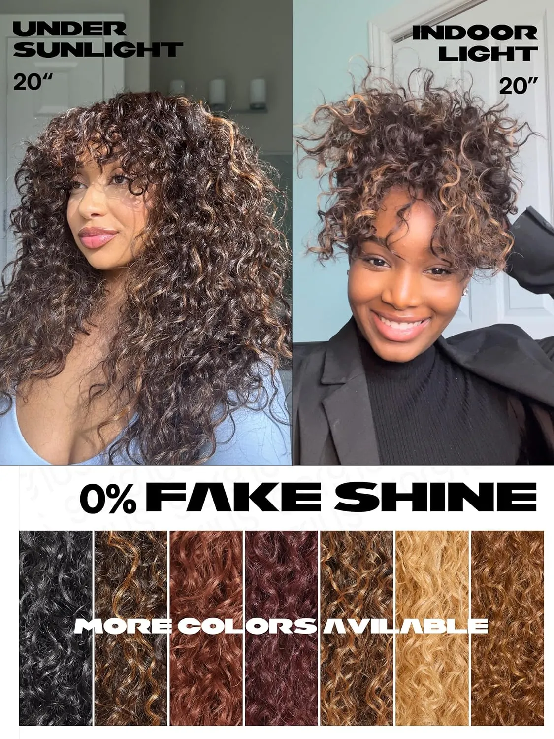 GORGIUS Highlight Brown Curly Wig with Bangs Glueless Synthetic Bang Wigs with Realistic Scalp Put On ang Go Beginner Friendly 20 Inch