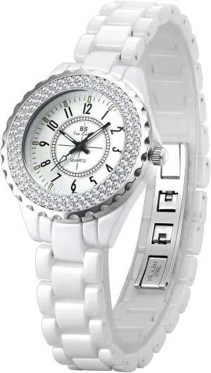 Gosasa Womens Luxury Wrist Watch Fashion Rhinestone White Ceramic Watch Casual Lady Nice Dress Watches (Black)