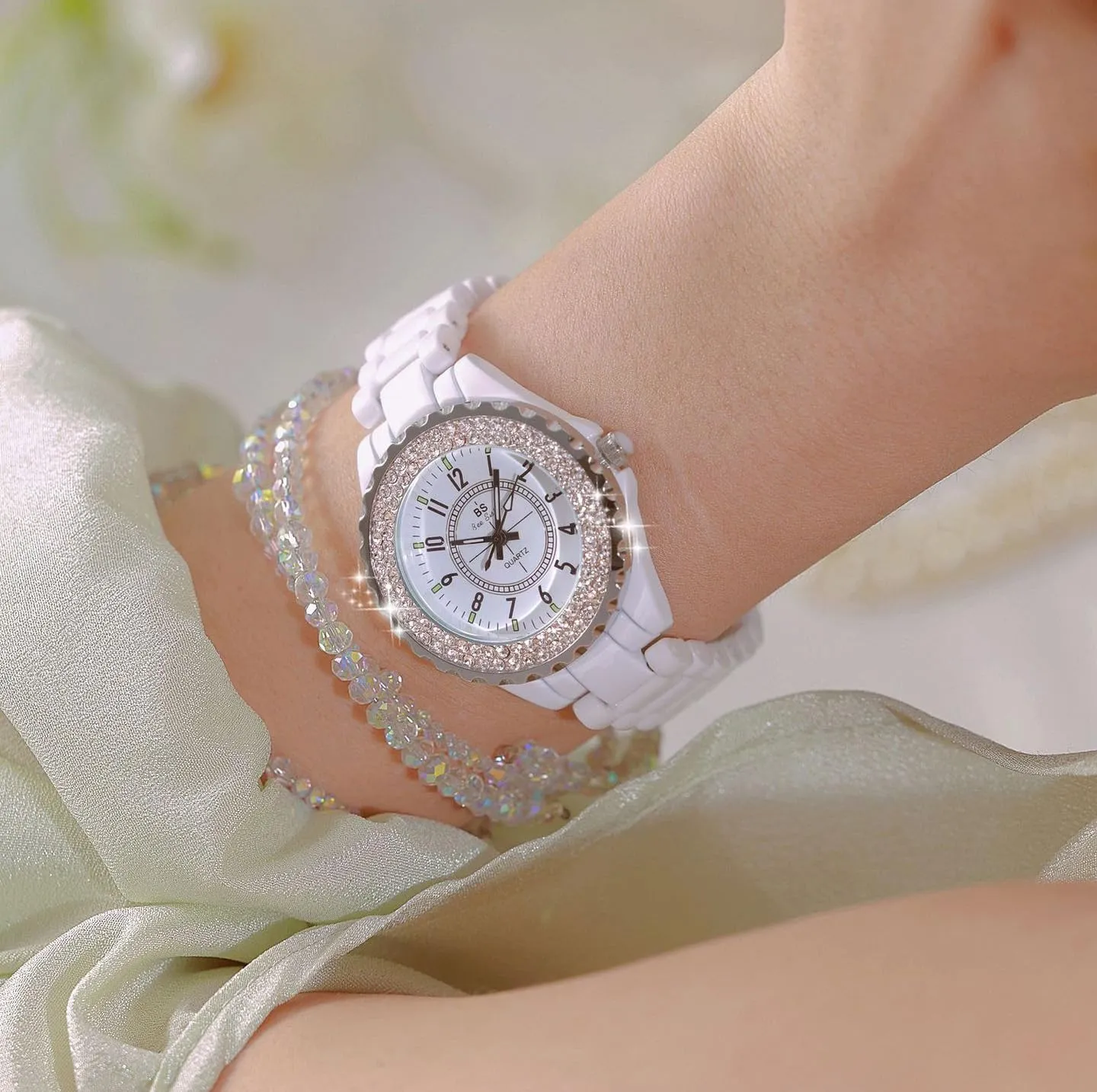 Gosasa Womens Luxury Wrist Watch Fashion Rhinestone White Ceramic Watch Casual Lady Nice Dress Watches (Black)