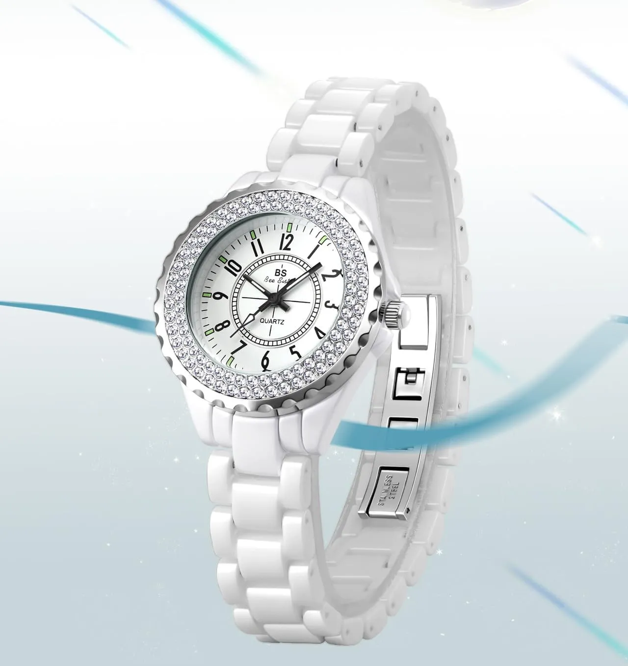 Gosasa Womens Luxury Wrist Watch Fashion Rhinestone White Ceramic Watch Casual Lady Nice Dress Watches (Black)
