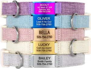 GoTags Personalized Cotton Hemp Dog Collar with Custom Engraved Nameplate, Silent No Noise Pet Dog Tag for Small, Medium, and Large Dogs
