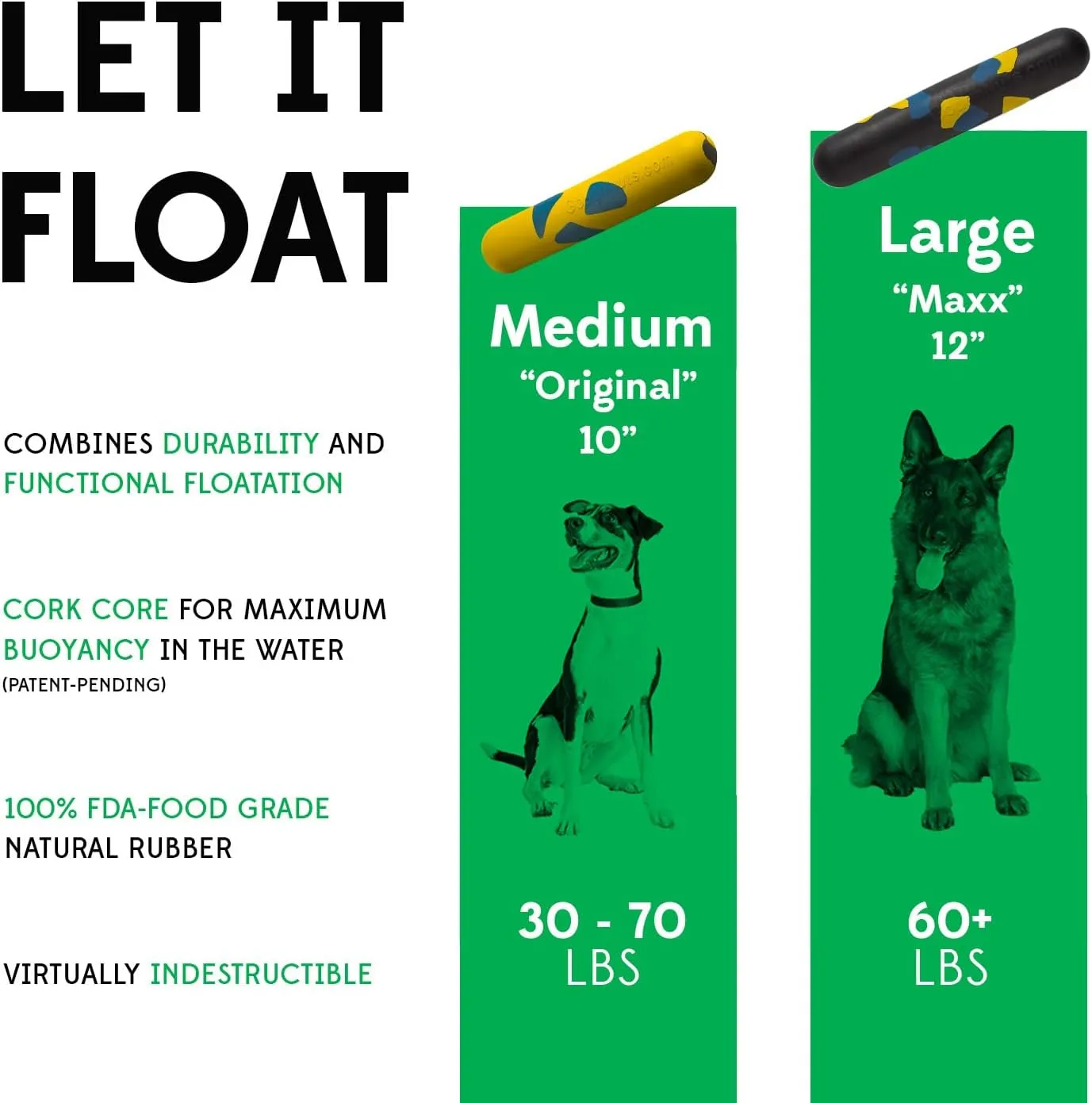Goughnuts Medium Water Stick – Floating Dog Toys for Water Fetch, Interactive Heavy Duty Dog Pool Toy for Aggressive Chewers, Natural Reinforced Rubber Float, USA Made, 30-70 lbs Dogs