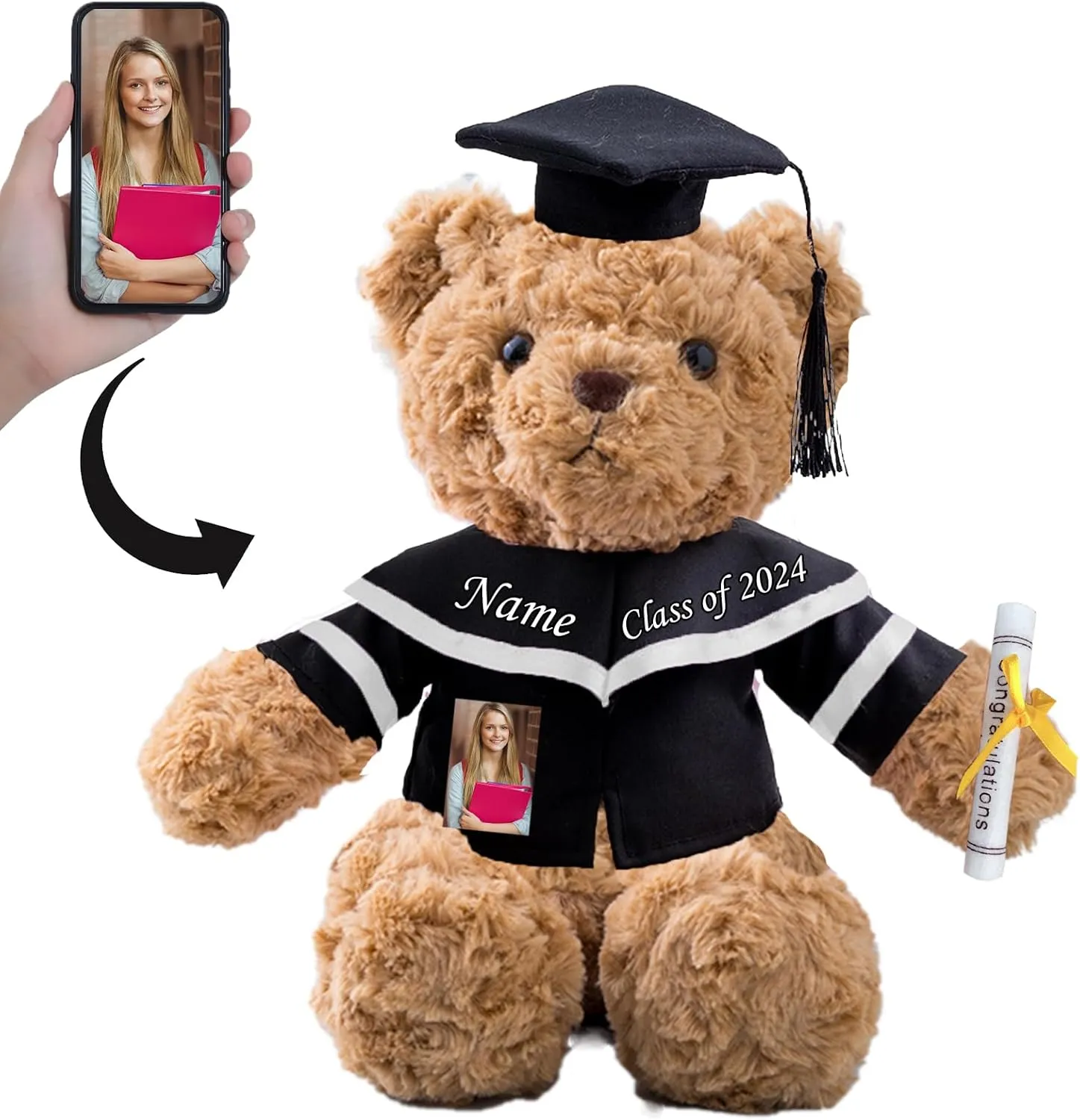 Graduation Bear Class of 2024 Personalized Graduation Gifts, Teddy Bear with Photo  Custom Text as Unique Gifts for Her 2024 High School/College/Kindergarten Graduation Gifts (11 in-Text Photo)