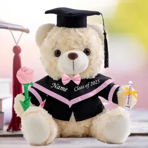 Graduation Bear Class of 2025 Personalized Graduation Gifts with Custom Text or Name, White Teddy Bear with Rose & Bow for Her 2025 High School College Kindergarten Graduation Gifts (10IN-Text)
