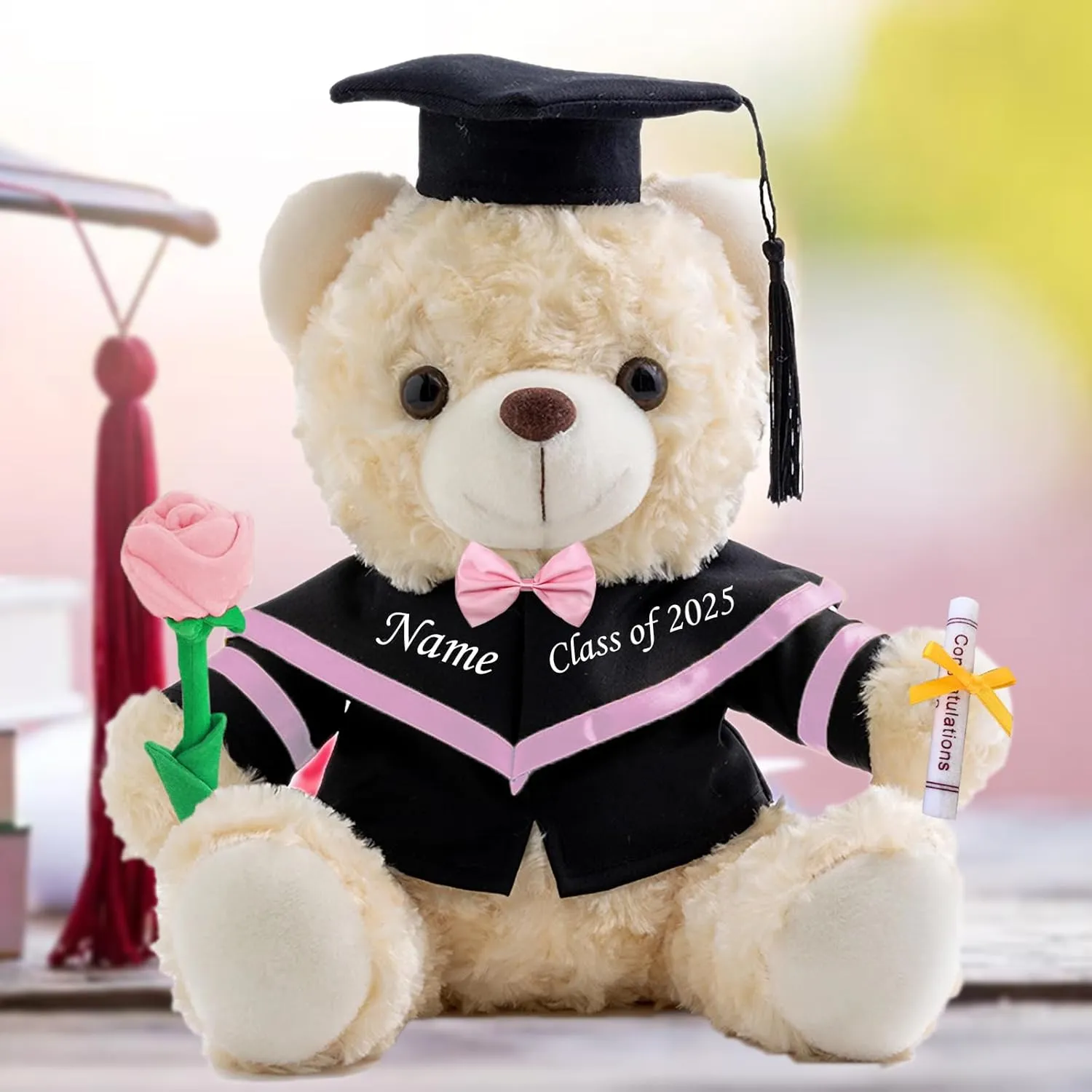 Graduation Bear Class of 2025 Personalized Graduation Gifts with Custom Text or Name, White Teddy Bear with Rose & Bow for Her 2025 High School College Kindergarten Graduation Gifts (10IN-Text)
