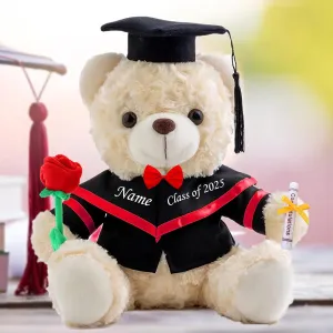 Graduation Bear Class of 2025 Personalized Graduation Gifts with Custom Text or Name, White Teddy Bear with Rose & Bow for Her 2025 High School College Kindergarten Graduation Gifts (10IN-Text)
