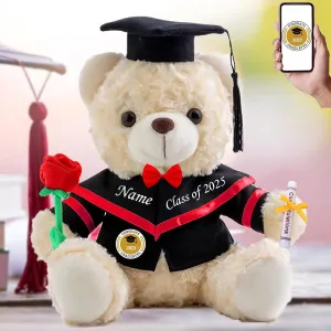 Graduation Bear Class of 2025 Personalized Graduation Gifts with Custom Text Photo, White Teddy Bear with Rose & Bow as Graduation Gifts for Her 2025 High School College Graduation (10IN-Text Photo)