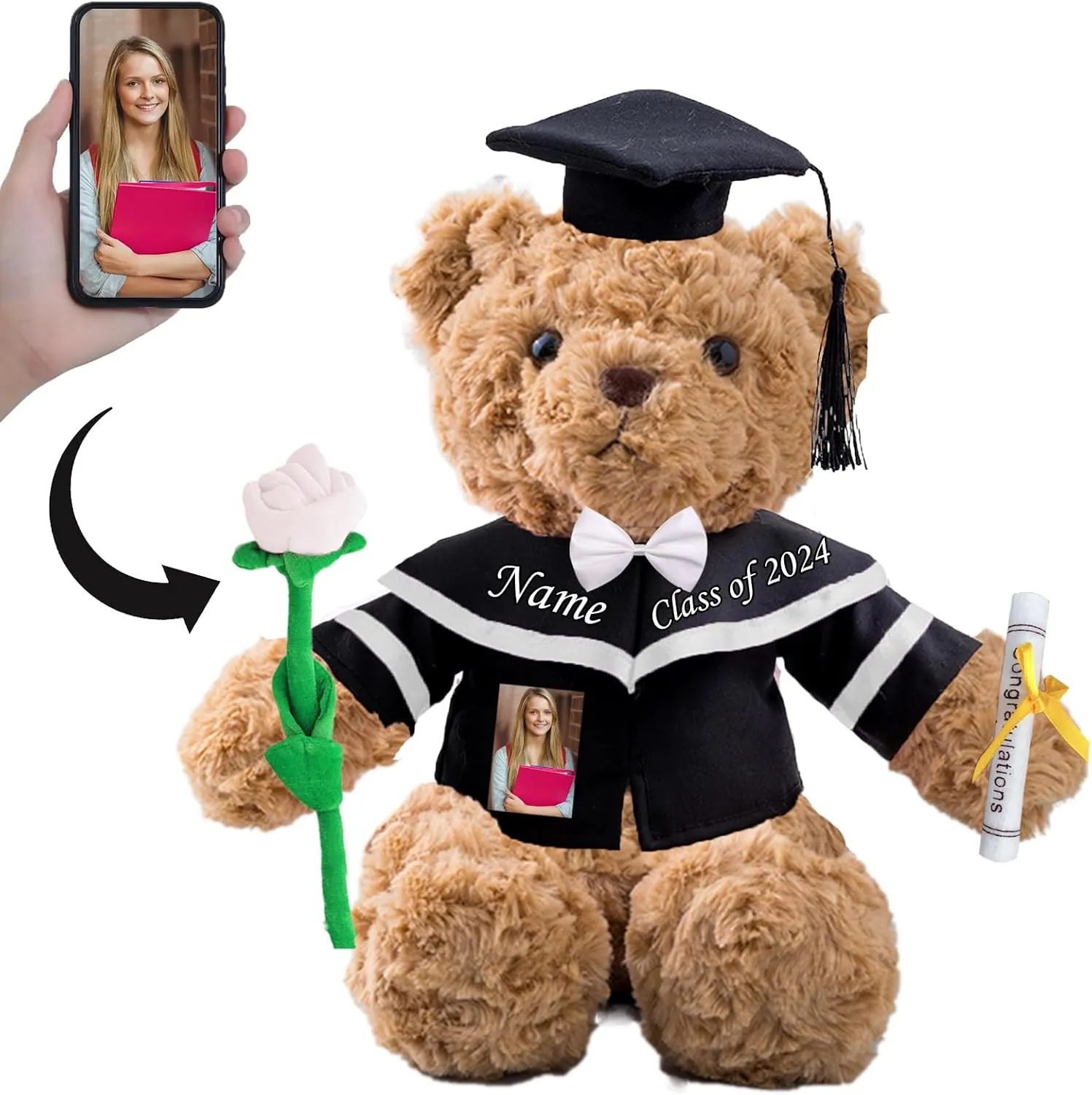 Graduation Bear with Rose  Bow Personalized Graduation Gifts, Teddy Bear with Photo  Custom Text as Unique Gifts for Her 2024 High School/College/Kindergarten Graduation Gifts (11 in-Text Photo)