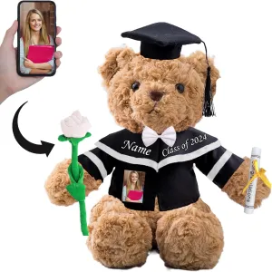 Graduation Bear with Rose  Bow Personalized Graduation Gifts, Teddy Bear with Photo  Custom Text as Unique Gifts for Her 2024 High School/College/Kindergarten Graduation Gifts (11 in-Text Photo)