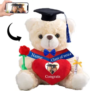 Graduation Gifts for Her Personalized Bear with Image  Text, Teddy Bear Stuffed Animal with Heart  Bow as Graduation Gifts for Her 2024 High School/College/Masters Graduation Gifts (8IN-Text Image)