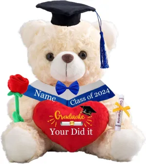 Graduation Gifts for Her Personalized Bear with Text, Graduation Teddy Bear with Heart, Bow and Rose as Graduation Gifts for Him/Her 2024 High School/College/Masters Graduation Gifts (8IN-Text)
