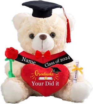 Graduation Gifts for Her Personalized Bear with Text, Graduation Teddy Bear with Heart, Bow and Rose as Graduation Gifts for Him/Her 2024 High School/College/Masters Graduation Gifts (8IN-Text)