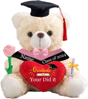 Graduation Gifts for Her Personalized Bear with Text, White Teddy Bear Stuffed Animal with Heart & Bow as Graduation Gifts for Him/Her 2025 High School/College/Masters Graduation Gifts (8IN-Text)