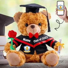 Graduation Bear Class of 2025 Personalized Graduation Gifts with Custom Text Photo, Brown Teddy Bear with Rose & Bow as Graduation Gifts for Her 2025 High School College Graduation (10-in-Text Photo)