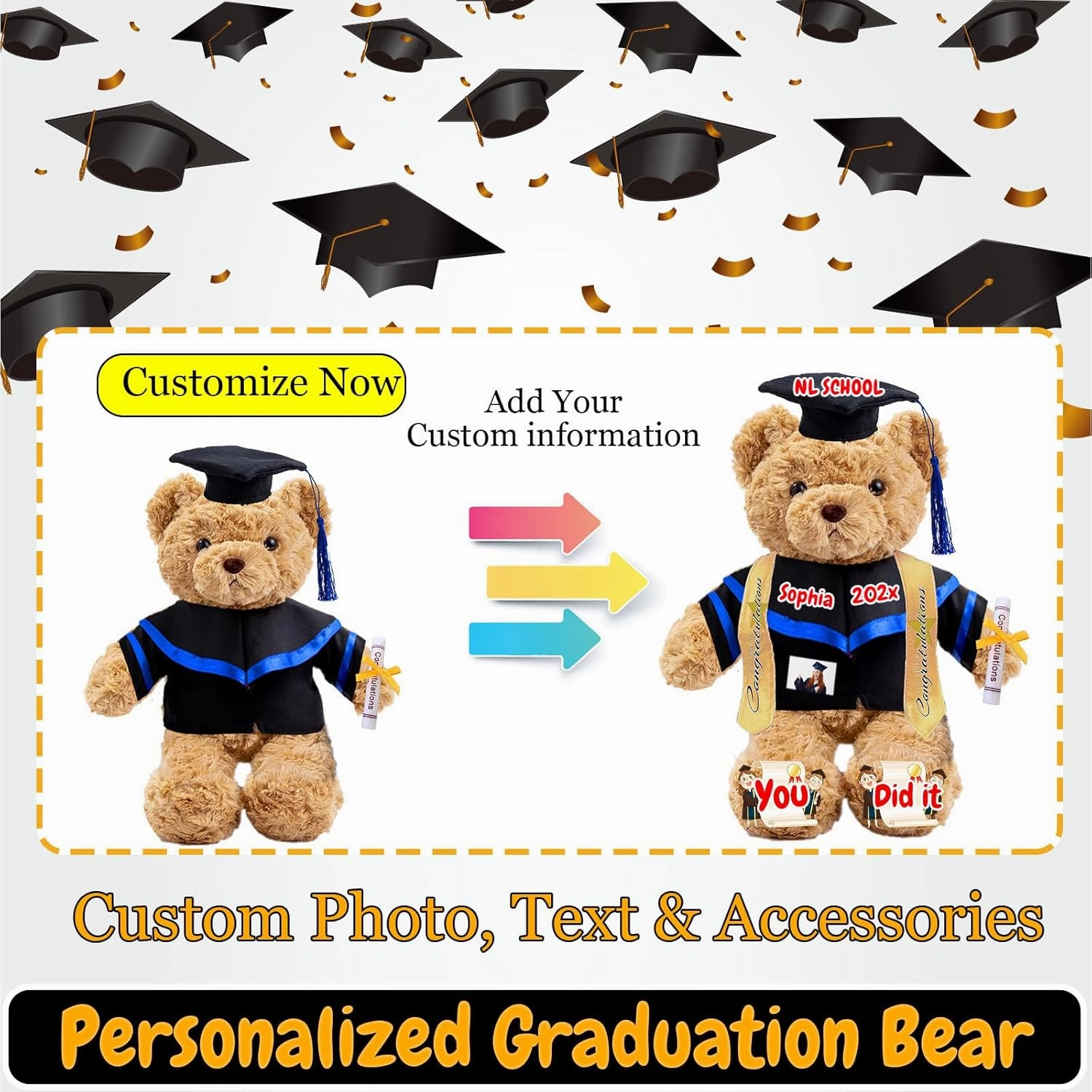 Graduation Gifts 2025 Teddy Bear with Text Photo, Personalized Bear Plush Toys as Graduation Gifts for Her Him as High School College Kindergarten Graduation Day (13 in-Text Photo)