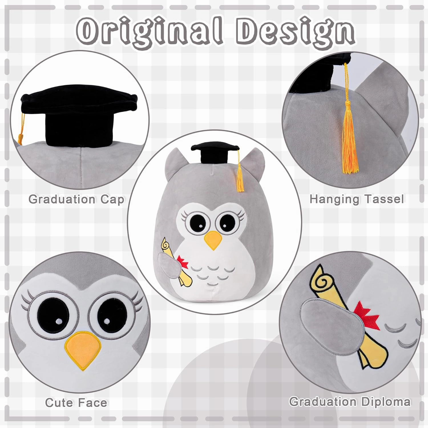 Graduation Owl Plush 18in - Grey Owl Stuffed Animal with Cap for Class of 2025 - Wisdom Graduation Gift for Kindergarten, Elementary & High School - Grey Owl