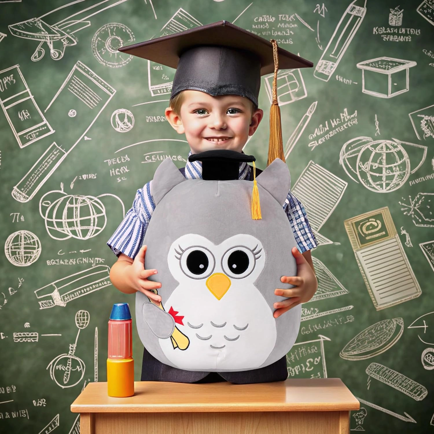Graduation Owl Plush 18in - Grey Owl Stuffed Animal with Cap for Class of 2025 - Wisdom Graduation Gift for Kindergarten, Elementary & High School - Grey Owl