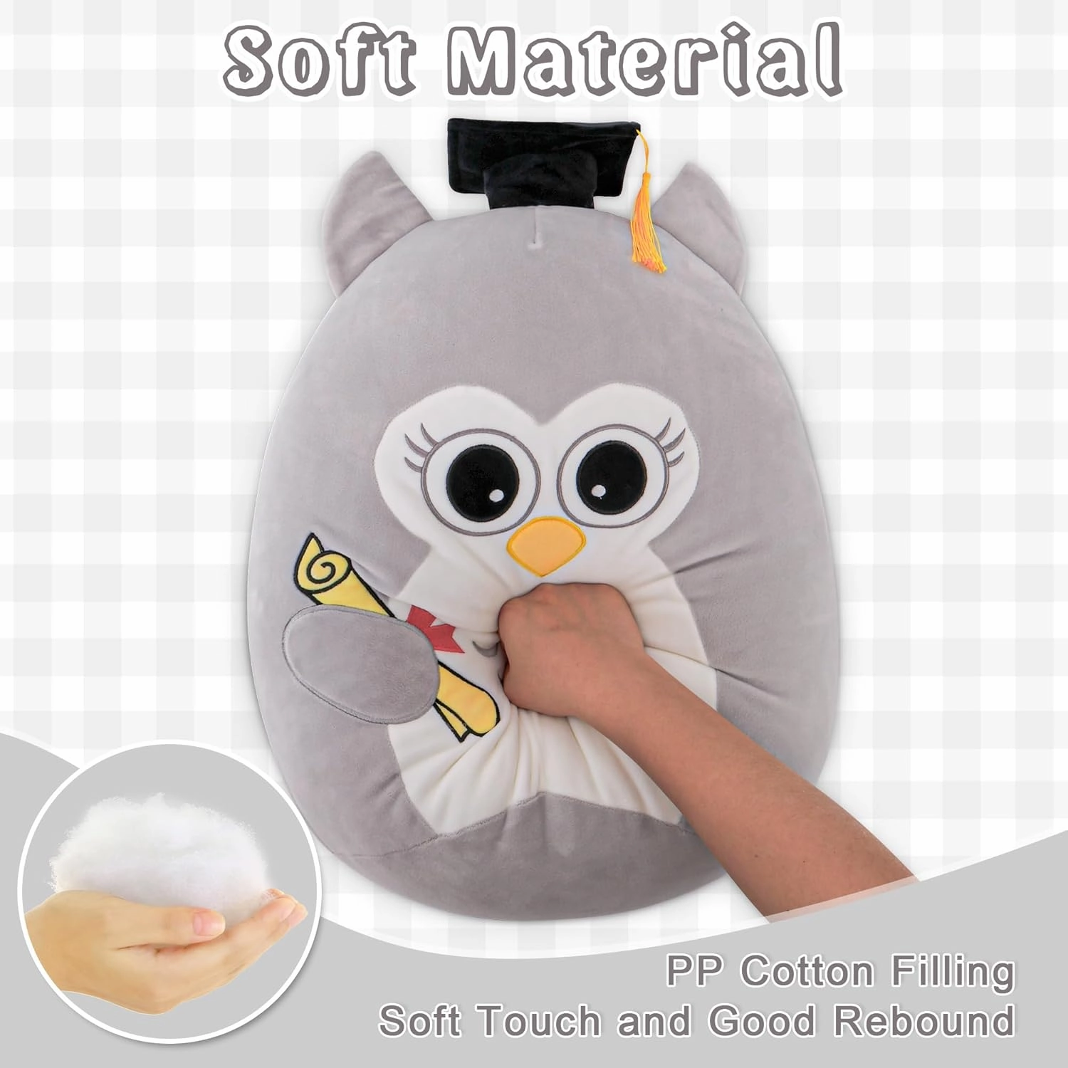 Graduation Owl Plush 18in - Grey Owl Stuffed Animal with Cap for Class of 2025 - Wisdom Graduation Gift for Kindergarten, Elementary & High School - Grey Owl