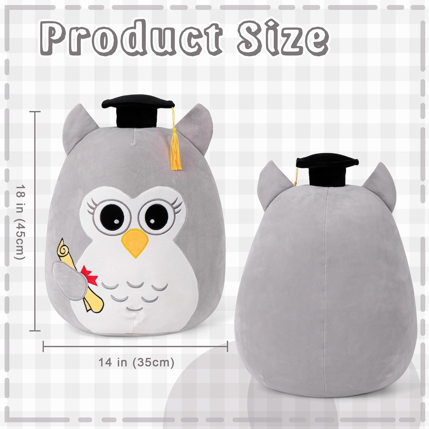 Graduation Owl Plush 18in - Grey Owl Stuffed Animal with Cap for Class of 2025 - Wisdom Graduation Gift for Kindergarten, Elementary & High School - Grey Owl
