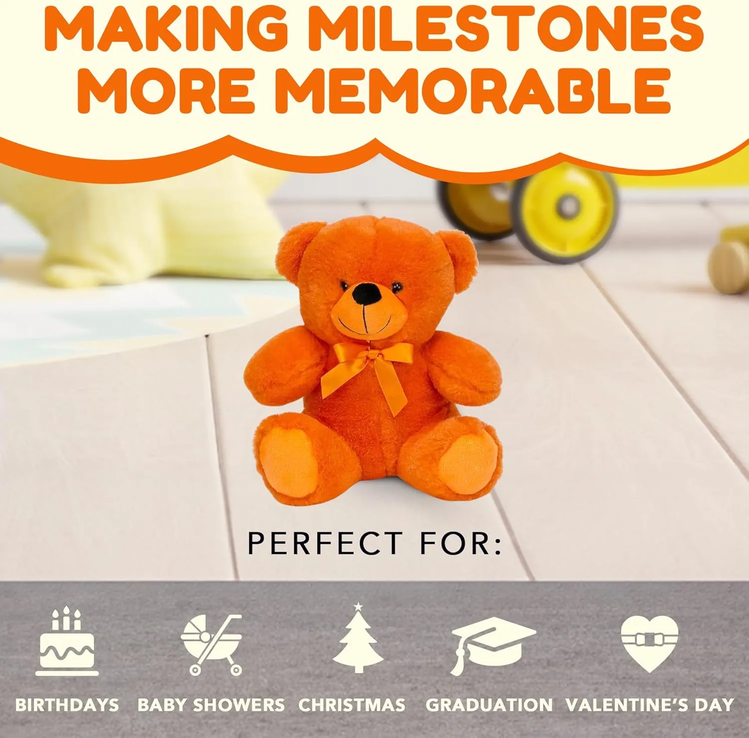 Grandma Smiley's Plush Best Friends Super Color Orange Teddy Bear Stuffed Animal, 9-inch Hypoallergenic Small Teddy Bears for Christmas, Newborn Baby Shower, Girlfriend, Boyfriend, Graduation
