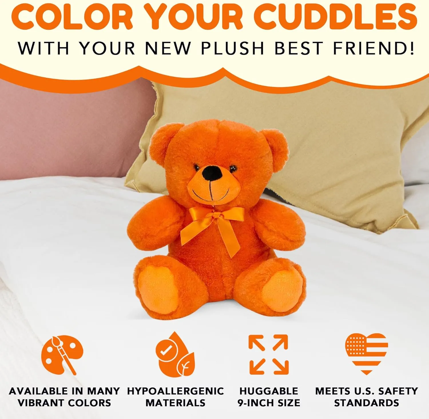 Grandma Smiley's Plush Best Friends Super Color Orange Teddy Bear Stuffed Animal, 9-inch Hypoallergenic Small Teddy Bears for Christmas, Newborn Baby Shower, Girlfriend, Boyfriend, Graduation