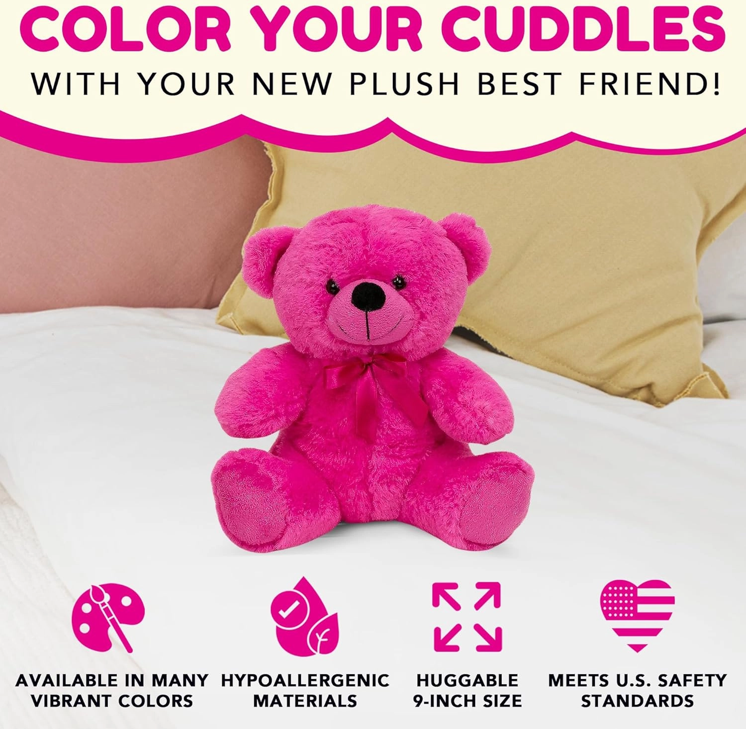 Grandma Smiley's Plush Best Friends Super Color Hot Pink Teddy Bear Stuffed Animal, 9-inch Hypoallergenic Small Teddy Bears for Christmas, Newborn Baby Shower, Girlfriend, Boyfriend, Graduation