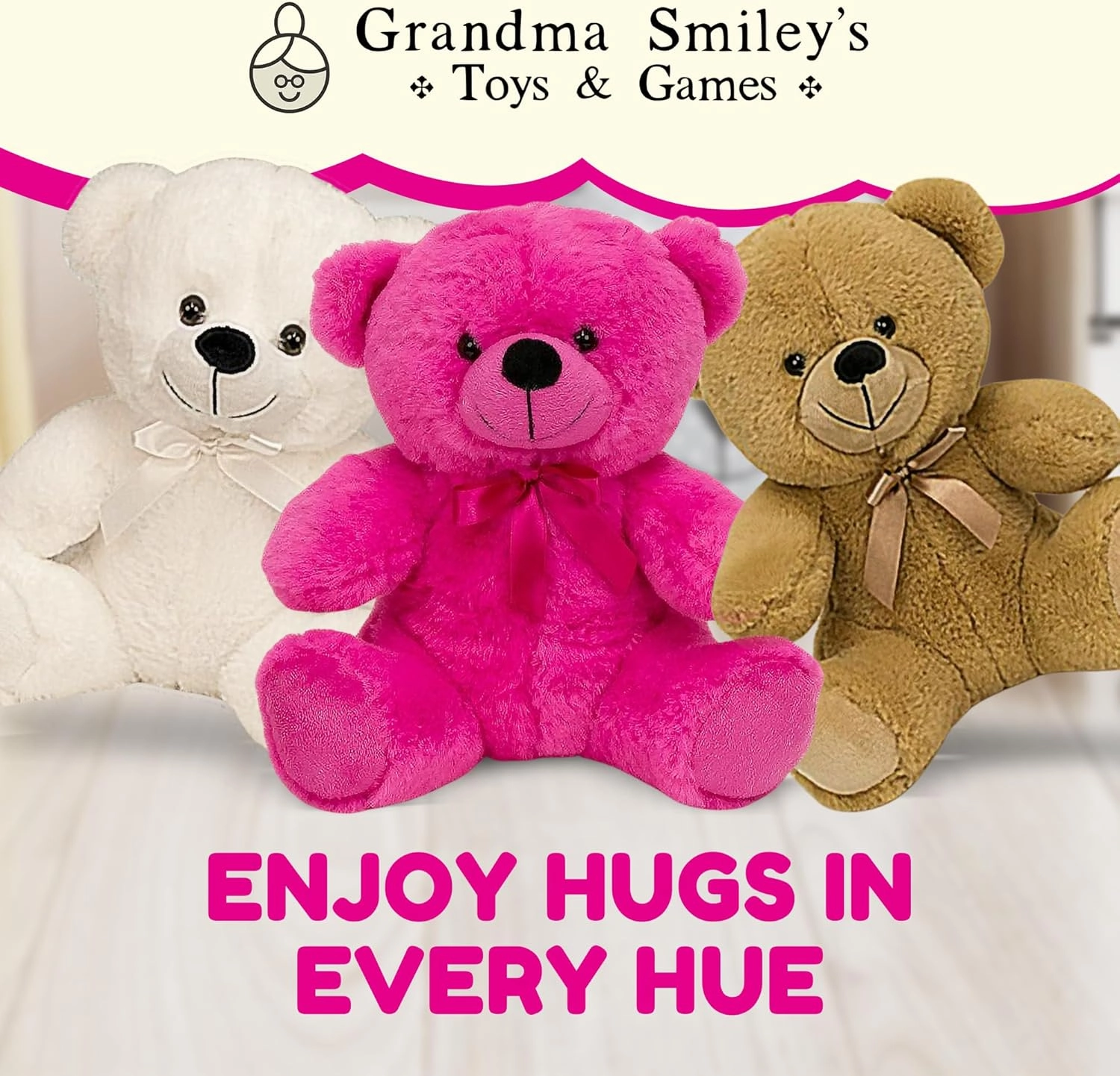 Grandma Smiley's Plush Best Friends Super Color Hot Pink Teddy Bear Stuffed Animal, 9-inch Hypoallergenic Small Teddy Bears for Christmas, Newborn Baby Shower, Girlfriend, Boyfriend, Graduation